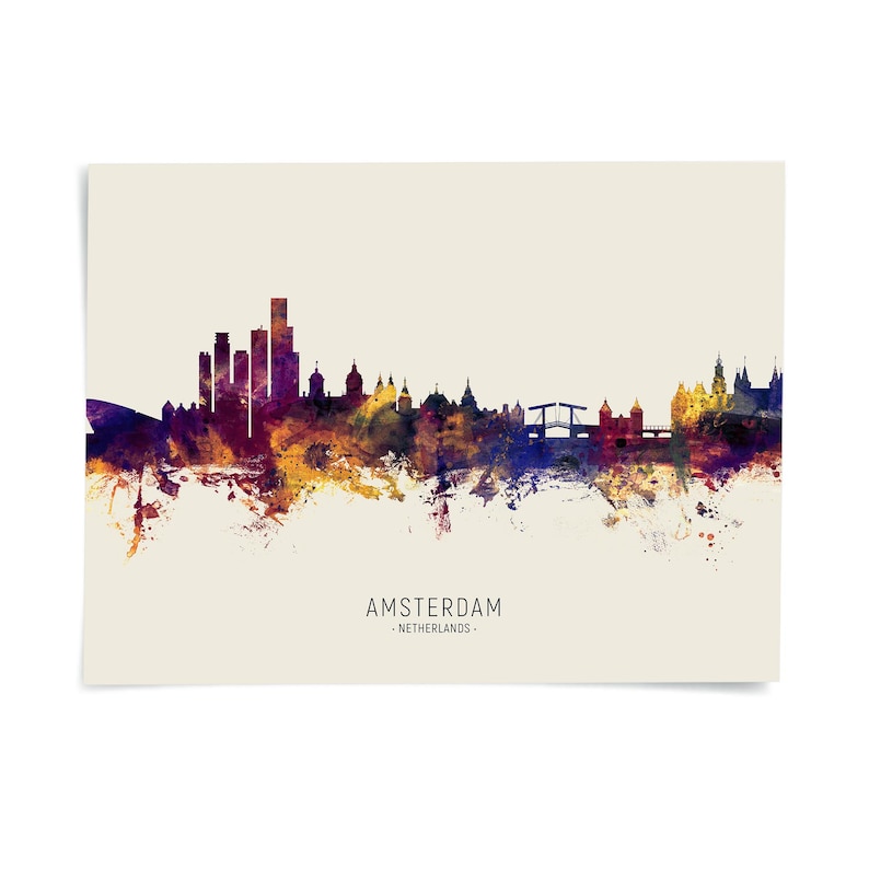 The image is a colorful, abstract representation of the skyline of Amsterdam, Netherlands.