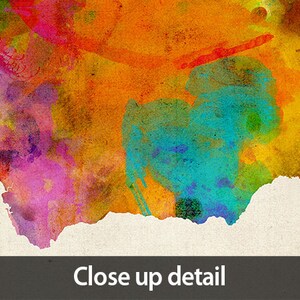 May include: Abstract watercolor painting of a map of a country or region. The painting features a variety of colors, including orange, yellow, pink, blue, and green. The colors are blended together to create a soft, dreamy effect.