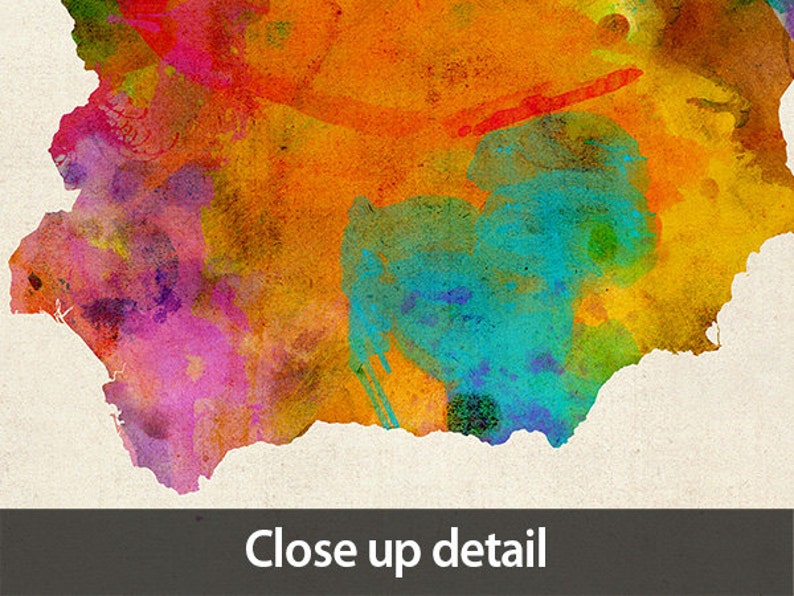 May include: Abstract watercolor painting of a map of a country or region. The painting features a variety of colors, including orange, yellow, pink, blue, and green. The colors are blended together to create a soft, dreamy effect.