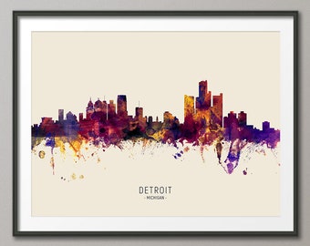 Detroit Skyline Michigan, Cityscape Painting Art Print Poster LS (15035)