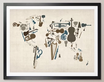 Music Instruments Map of the World Map, Art Print WM (459) - Etsy