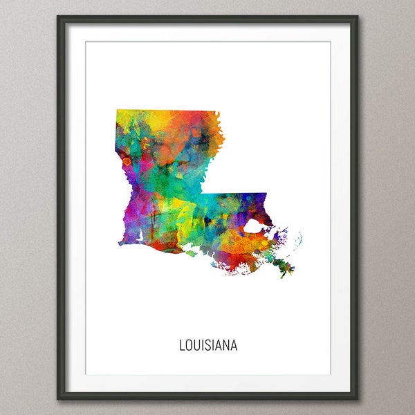 Carte de la Louisiane, affiche d'impression d'art aquarelle, couleur, noir blanc, beige (30984)