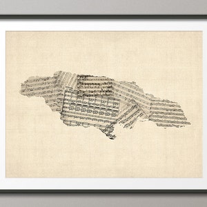 Jamaica Old Sheet Music Map Caribbean, Art Print QX (2382)