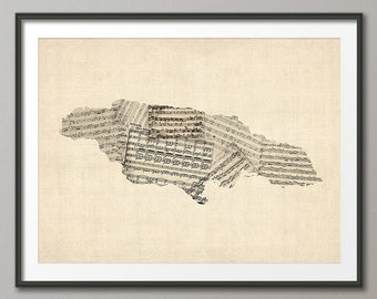 Jamaica Old Sheet Music Map Caribbean, Art Print QX (2382)