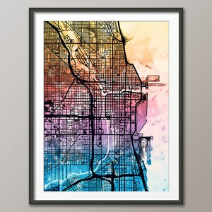 Kaart van Chicago, plattegrond van de stad Chicago, Illinois, kunstafdruk (2076)