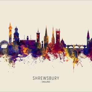 Shrewsbury Skyline England, Cityscape Painting Art Print Poster LS 15061 Include City Name