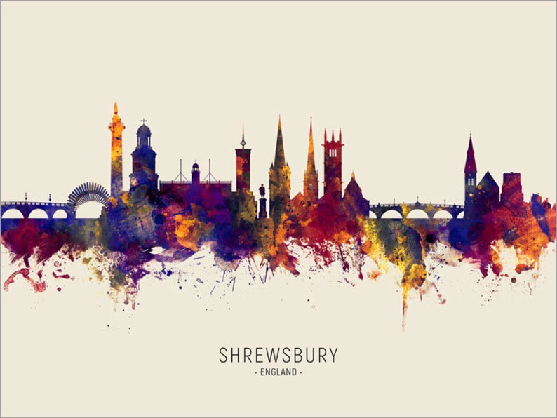 Shrewsbury Skyline England, Cityscape Painting Art Print Poster LS 15061 Include City Name