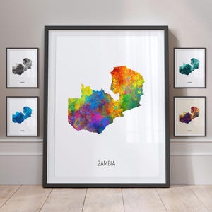 Póster con impresión artística de acuarela con mapa de Zambia (MX) (10974)