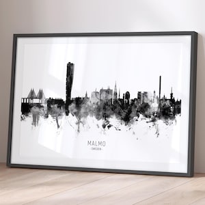May include: Black and white watercolor cityscape of Malmo, Sweden. The Turning Torso skyscraper is prominent in the skyline.