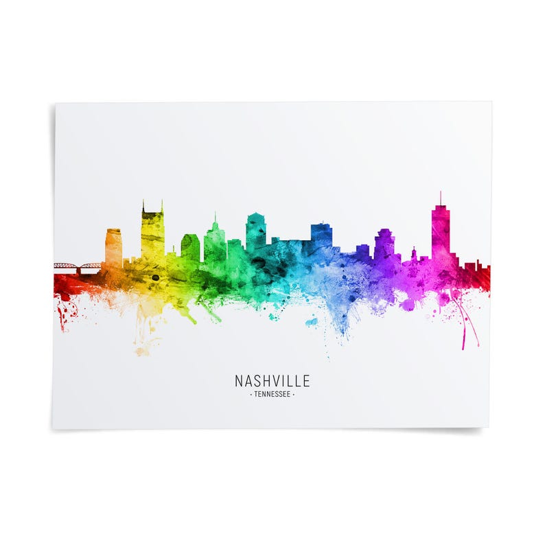 A colorful watercolor illustration of the Nashville skyline, with the text "NASHVILLE - TENNESSEE" below the image.