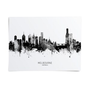the skyline of Melbourne, Australia, with a black and white color scheme.
