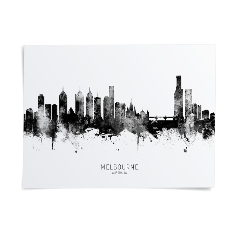 the skyline of Melbourne, Australia, with a black and white color scheme.
