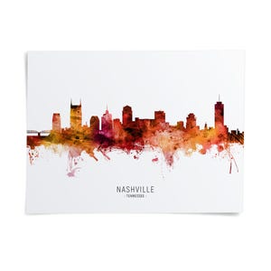 A watercolor-style illustration of the Nashville skyline, with the city's distinctive buildings and landmarks depicted in a vibrant, colorful palette.