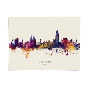 The image is a watercolor painting of the Barcelona skyline, featuring the city's iconic landmarks and architecture in a vibrant, colorful style.