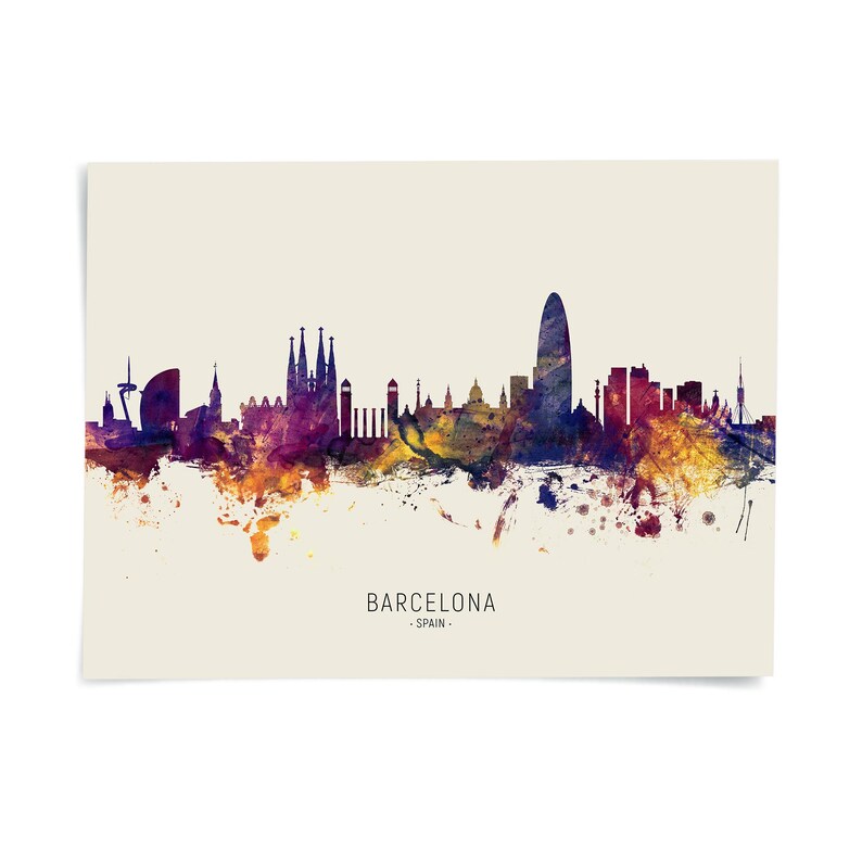 The image is a watercolor painting of the Barcelona skyline, featuring the city's iconic landmarks and architecture in a vibrant, colorful style.