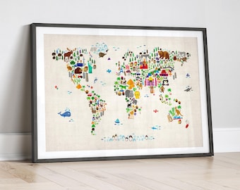 Animal Map of the World for children and kids, World Map, Art Print Poster (60)