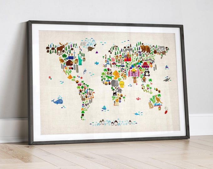 Animal Map of the World for children and kids, World Map, Art Print Poster (60)