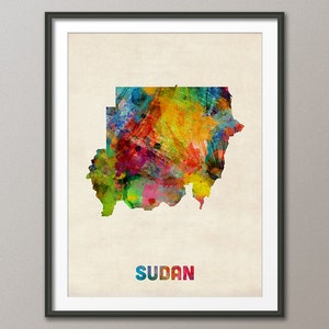 Mapa de Sudán en acuarela, impresión artística (1104)