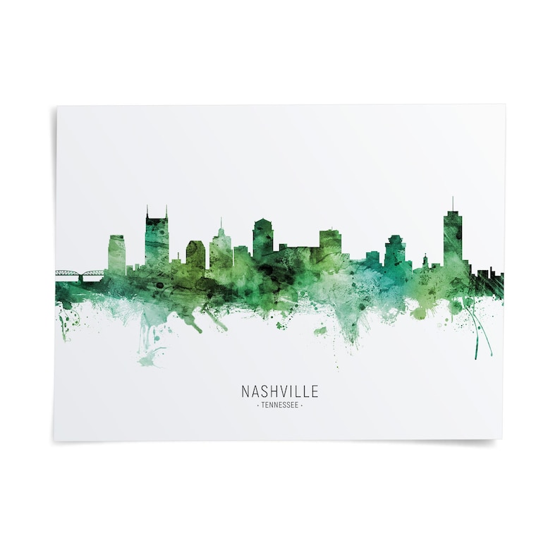 A watercolor-style illustration of the Nashville skyline, with the city's buildings depicted in a greenish-blue color.