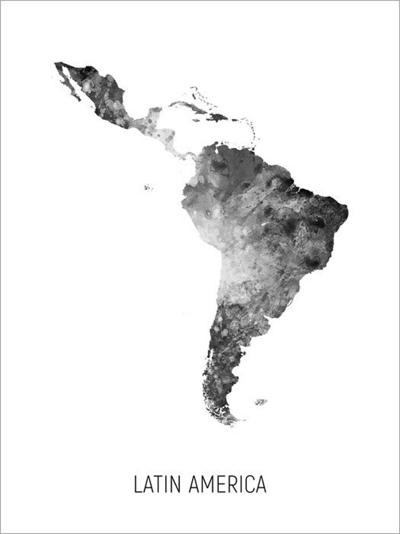 Latin America Map, Watercolour Art Print Poster, Colour, Black White, Beige 10980 Black White