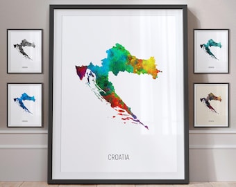 Croatia Map, Watercolour Painting Art Print Poster, Portrait - MX (10810)