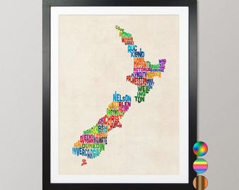 New Zealand Typography Map, NZ City Names Text Map, Colour Options, Art Print Poster - (1478)