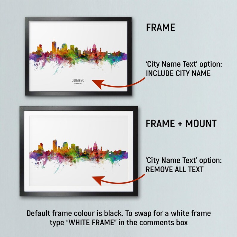 The image is a comparison of two framed cityscape images, with text indicating the frame and mount options available for each.