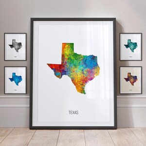 Carte du Texas, impression d'art aquarelle de l'État des États-Unis, affiche MX (31008)