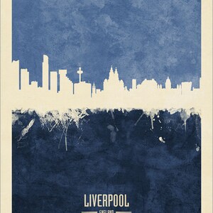 May include: A watercolor-style illustration of the Liverpool skyline in white against a blue background. The text "LIVERPOOL" and "ENGLAND" is below the skyline.