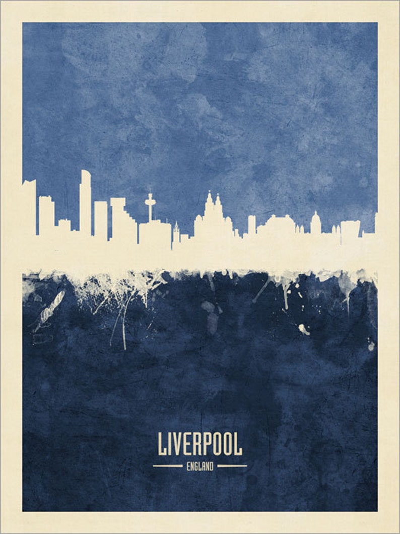 May include: A watercolor-style illustration of the Liverpool skyline in white against a blue background. The text "LIVERPOOL" and "ENGLAND" is below the skyline.