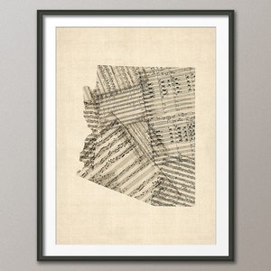 Arizona Map, Old Sheet Music Map of Arizona, USA, Art Print QX (1978)