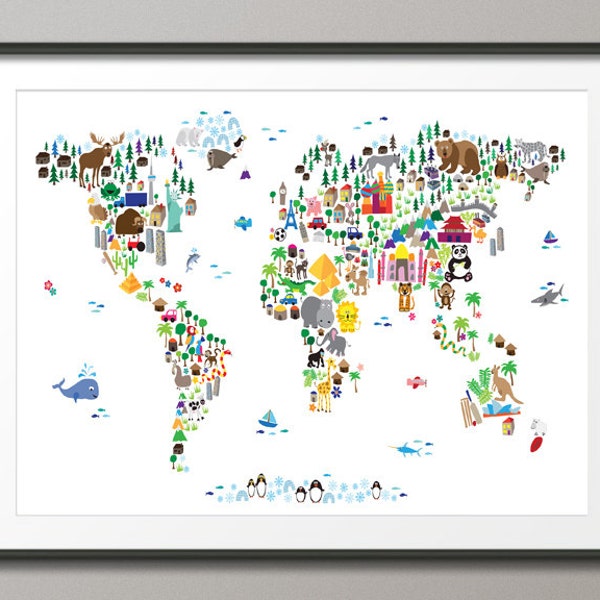 Animal Map of the World Map for children and kids, Art Print (61)