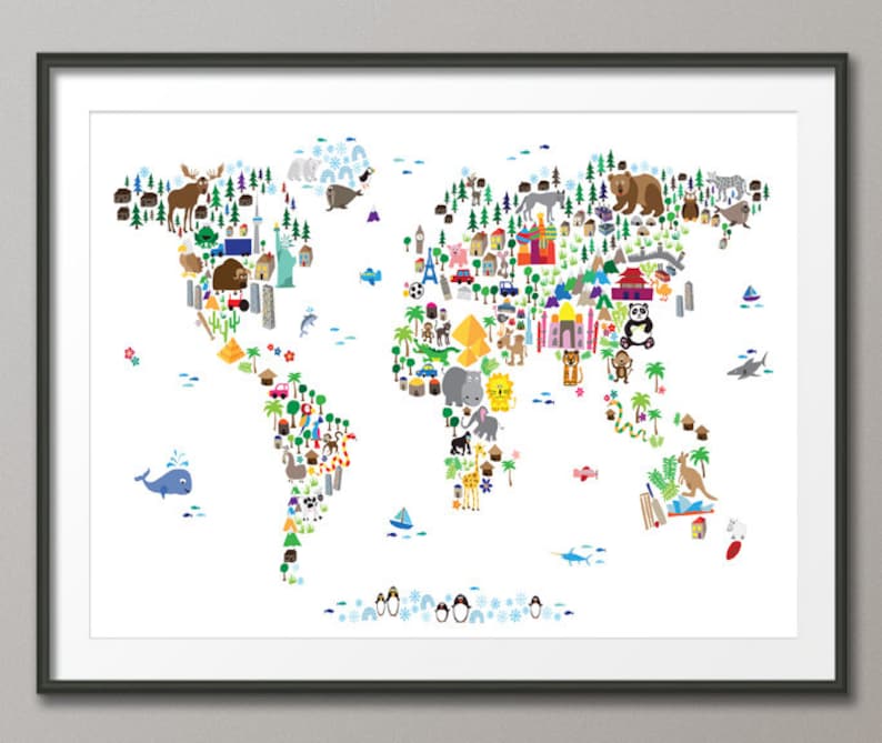 Animal Map of the World Map for children and kids, Art Print 61 image 1