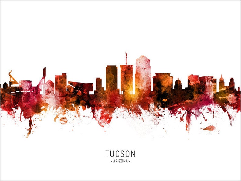 Tucson Skyline Arizona Cityscape Art Poster Print Blue Red Etsy