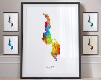 Malawi Map, Watercolour Painting Art Print Poster, Portrait - MX (10878)