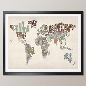 Carte avec texte typographique de la carte du monde, impression d'art (782)