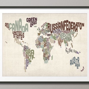 Typographic Text Map of the World Map, Art Print 782 image 1