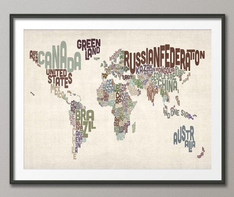 Typographic Text Map of the World Map, Art Print 782 image 1