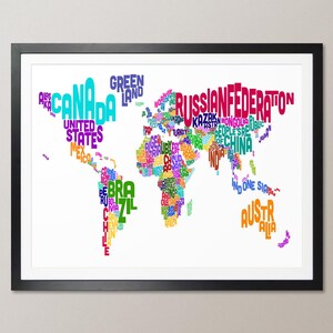 Carte avec texte typographique de la carte du monde, impression d'art (891)