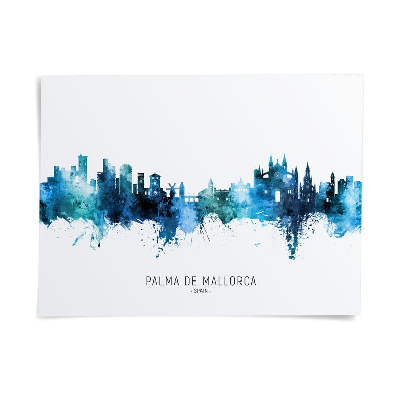 the skyline of Palma de Mallorca, Spain, with a watercolor-style illustration of the city's buildings and landmarks.