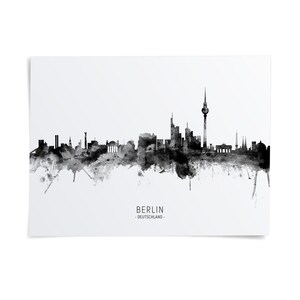the skyline of Berlin, Germany, with the city's iconic landmarks and structures rendered in a black and white style.