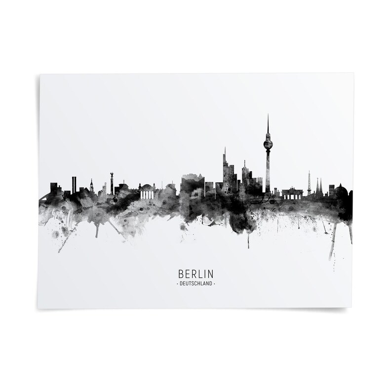 the skyline of Berlin, Germany, with the city's iconic landmarks and structures rendered in a black and white style.