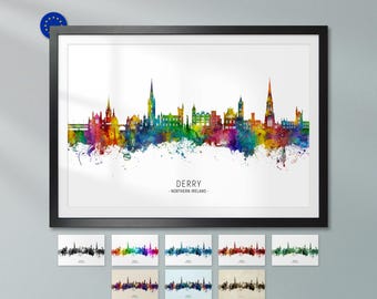 Derry Skyline Northern Ireland, Poster Print Cityscape Art ZX (24243)