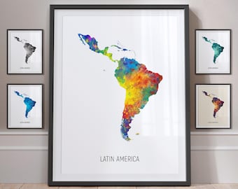May include: A colorful watercolor map of Latin America with the text "LATIN AMERICA" at the bottom. The map is framed in a black frame and is surrounded by four smaller framed maps of Latin America in different color schemes.