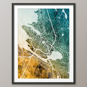 Mapa de Bergen, mapa de la ciudad de Noruega, póster con impresión artística en acuarela en color verde azulado y dorado (9813)