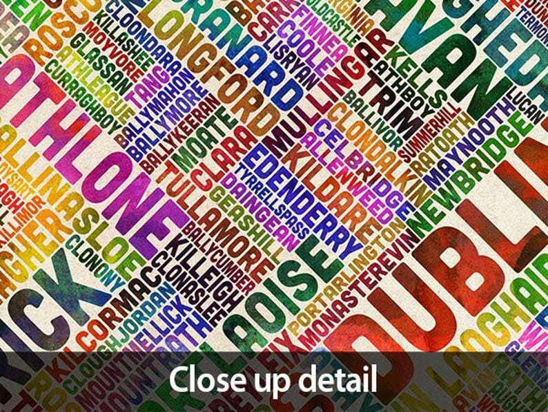 Irland Typografie Karte, Eire Stadtnamen Textkarte, Farboptionen, Kunstdruck Poster - (310) Bild 3