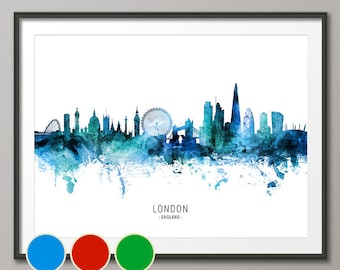 London Skyline England, Cityscape Art Poster Print Blue Red Green (20527)