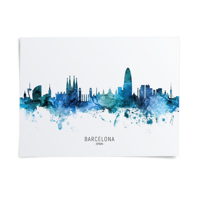The image is a watercolor illustration of the Barcelona skyline, featuring the city's iconic landmarks and architecture in a stylized, abstract manner.