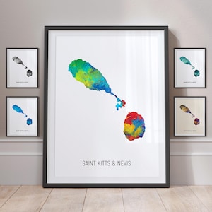 Saint Kitts and Nevis Map, Watercolour Painting Art Print Poster MX (10922)