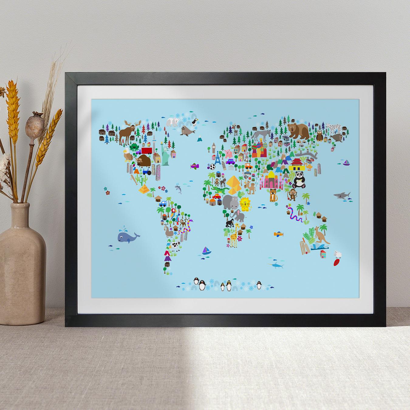 Animal Map of the World for Children and Kids, World Map, Art Print ...